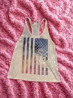 PINK Victoria's Secret Beige Tank with Multicolor Flag Print